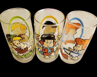 Vintage 1986 Flintstone Kids Pizza Hut Gläser 3er Set Hanna Barbera Fred EUC