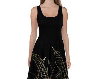 Lujoso vestido skater negro - Vestido acampanado sin mangas para mujer - Diseño elegante y vibrante - Tela suave y elástica