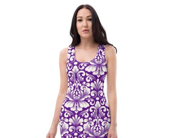 Chic Purple Blue Bodycon Dress with All-Over Print: Stylish and Comfortable - Women's Fashion Dress - Ideal Holiday Gift - Unique Design