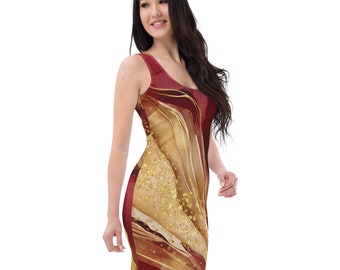 Vestido ajustado con pintura de tinta abstracta roja y dorada - Llamativo bodycon con estampado integral - Elegante vestido ajustado para mujer