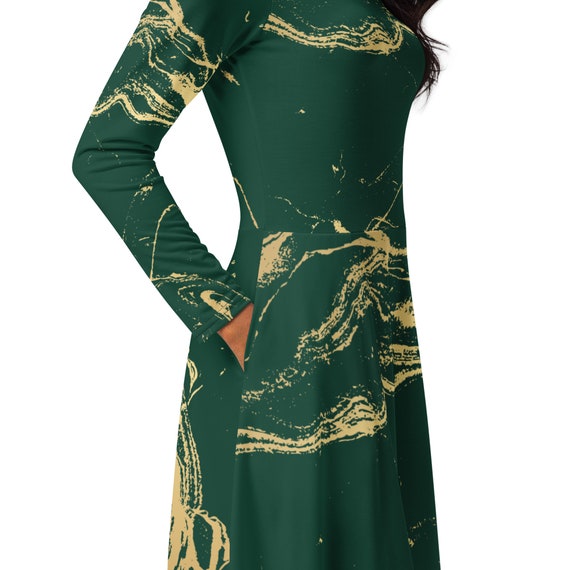 Royal Green and Gold Long Sleeve Dress - Perfect for Any Occasion - Comfortable Dress - Unique Dress Design - Fashion Dress - Women's Dress