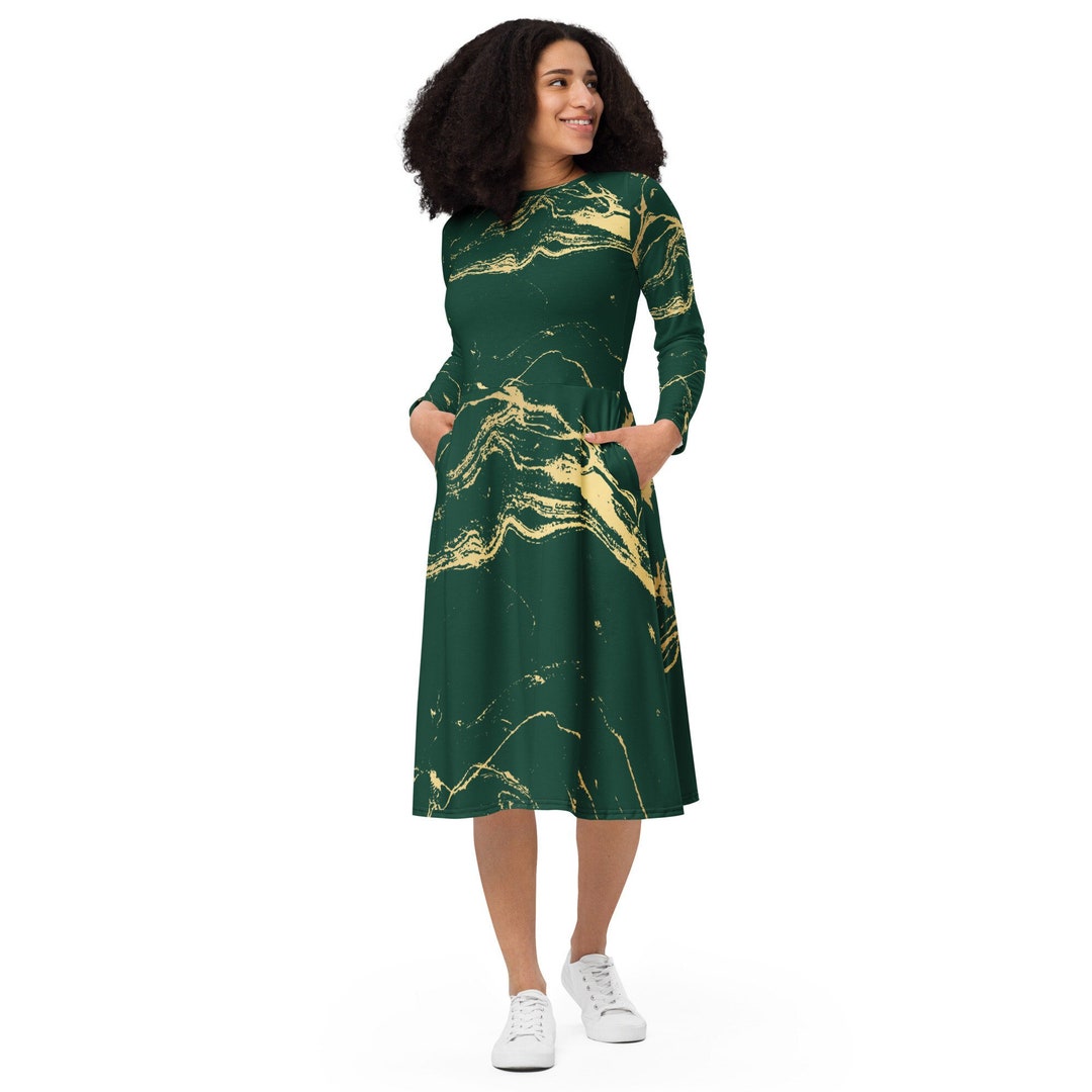 Pastel Green Dress With Front Gold Printed Yoke & 3/4 Sleeves