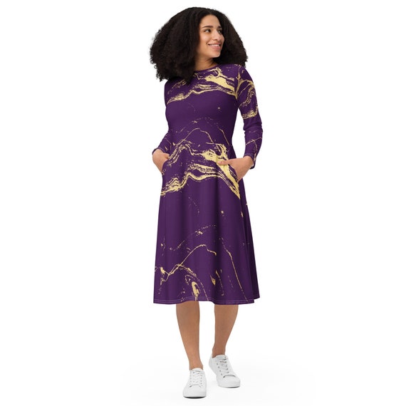 Elegant Long Sleeve Dark Lilac and Gold Ornament Dress - Casual Dress -  Comfortable Dress - Unique Dress Design - Women's Fashion Dress - Etsy  Canada