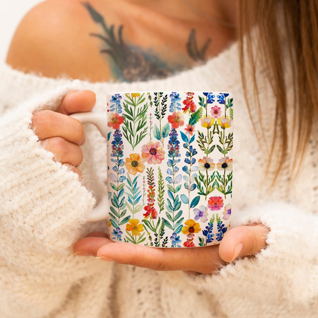 Pressed Flowers Mug, Boho Wildflowers Cottagecore Coffee Mug, Flower ...