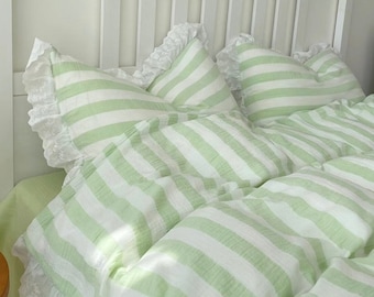 Stripe Green Duvet Cover 4pcs Set, Double Gauze Soft Cotton Full Queen Duvet Cover Set