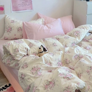Floral Coquette Duvet Cover Set, Pink Cotton Cottagecore Princess Bedding