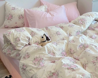 Floral Coquette Duvet Cover Set, Pink Cotton Cottagecore Princess Bedding