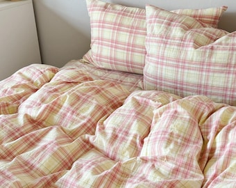 Pink Gingham Washed Cotton Duvet Cover and Pillowcase Set