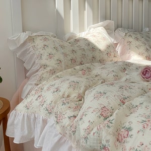 Ruffle Coquette Floral Duvet Cover 4pcs Set, Double Gauze Soft Cotton Cottagecore Country Style Princess Bedding