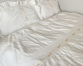 White Floral Embroidered Cotton Ruffle Duvet Cover Set