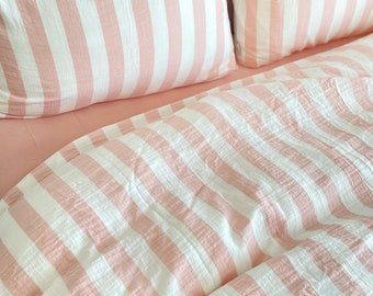 Pink/Blue/Green/Yellow Stripe Duvet Cover 4pcs Set, Full/Queen Soft Double Gauze Cotton Bedding