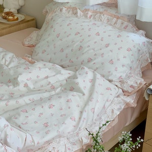 Roze katoenen dekbedovertrekset met bloemencoquette, eenpersoons/volledige dekbedovertrekset met ruches en kanten ruches