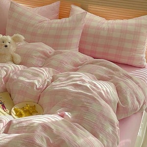 Pink/Blue Gingham Duvet Cover And Pillowcase Set, Double Gauze Soft Cotton Full Queen Duvet Cover Set