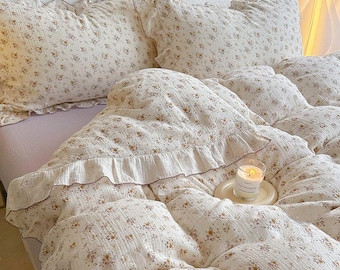 Coquette Floral Ruffle Duvet Cover 4pcs Set, Double Gauze Cotton Single/Full/Queen Duvet Cover, Floral Dorm Duvet Cover