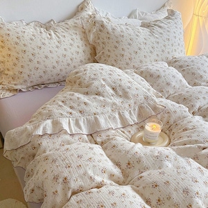 Coquette Floral Ruffle Duvet Cover 4pcs Set, Double Gauze Cotton Single/Full/Queen Duvet Cover, Floral Dorm Duvet Cover