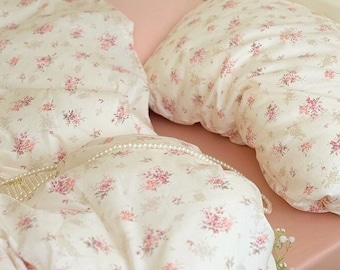 Floral Pink Coquette Cotton Duvet Cover 4pcs Set