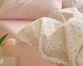 Floral Coquette Duvet Cover And 2 Pillowcases Set, Pink Rose Cotton Cottagecore Pillowcases And Duvet Cover