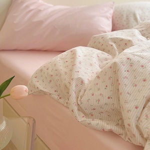 Floral Coquette Duvet Cover And 2 Pillowcases Set, Pink Rose Cotton Cottagecore Pillowcases And Duvet Cover