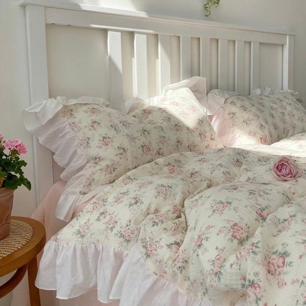 Ruffle Coquette Floral Duvet Cover 4pcs Set, Double Gauze Soft Cotton Cottagecore Country Style Princess Bedding