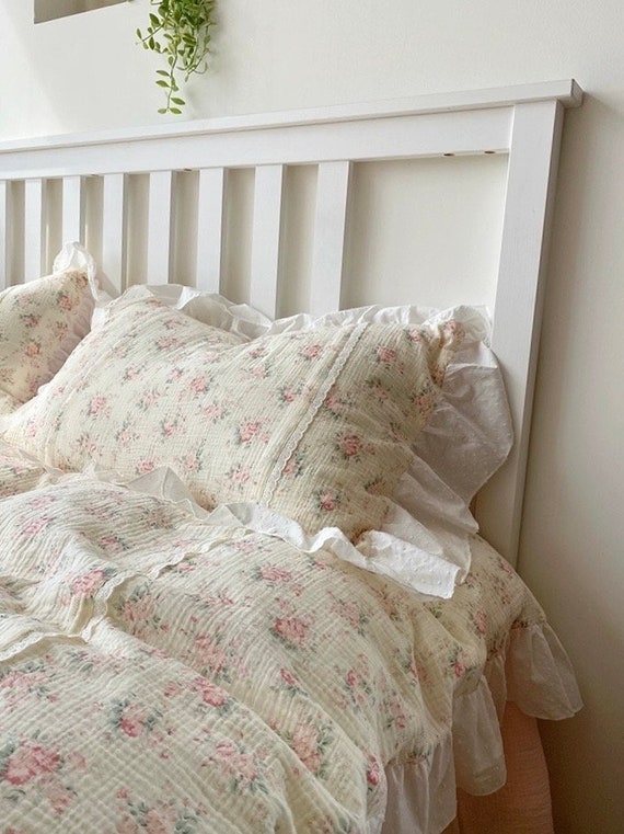 Rüschen Coquette Floral Bettbezug 4er Set, Doppel Gaze Weiche Baumwolle Cottagecore Landhausstil Prinzessin Bettwäsche