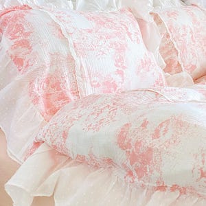 Ruffle Coquette Floral Duvet Cover 4pcs Set, Pink Lace
