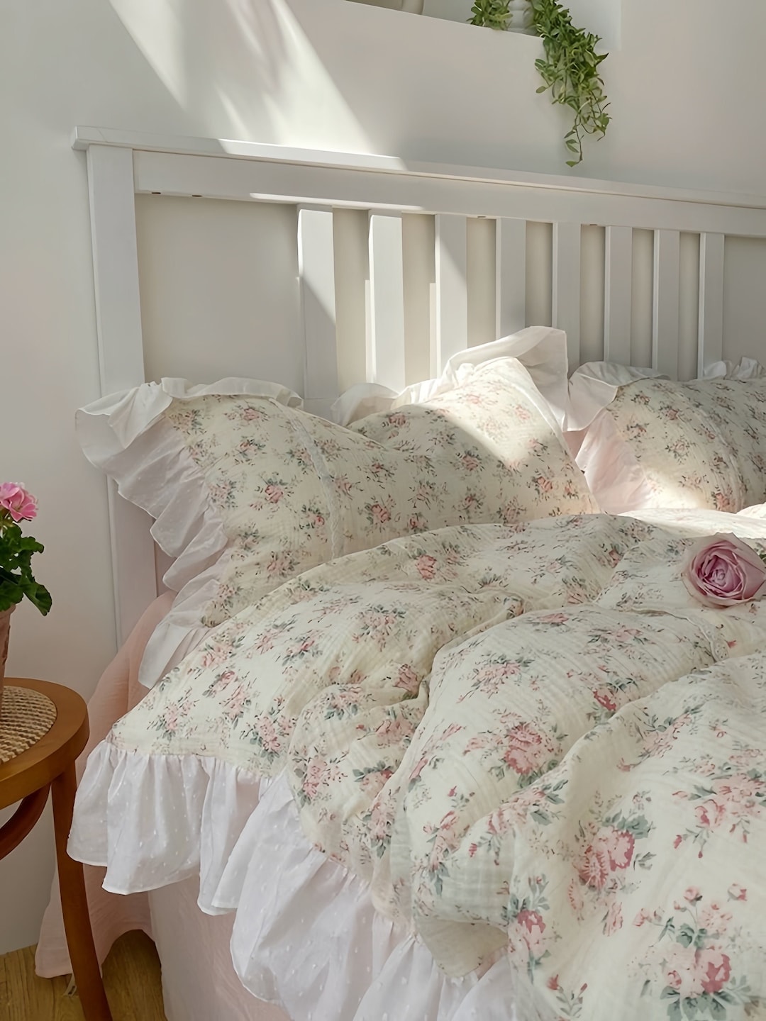 Ruffle Coquette Floral Duvet Cover 4pcs Set, Double Gauze Soft Cotton ...
