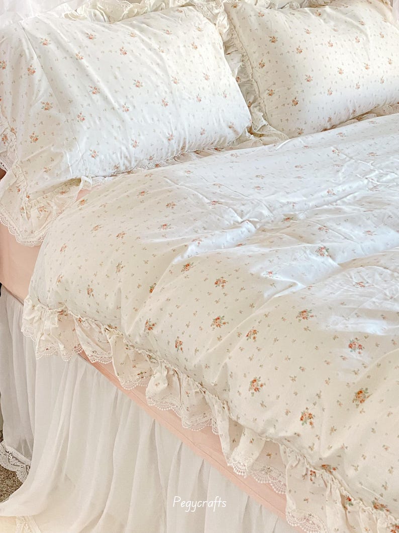 Floral Coquette Duvet Cover Set, Pink Cotton Cottagecore Princess Bedding image 1
