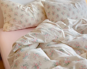 Coquette Floral Duvet Cover And Pillowcases, Pink Cotton Floral Dorm Duvet Cover Full/Queen