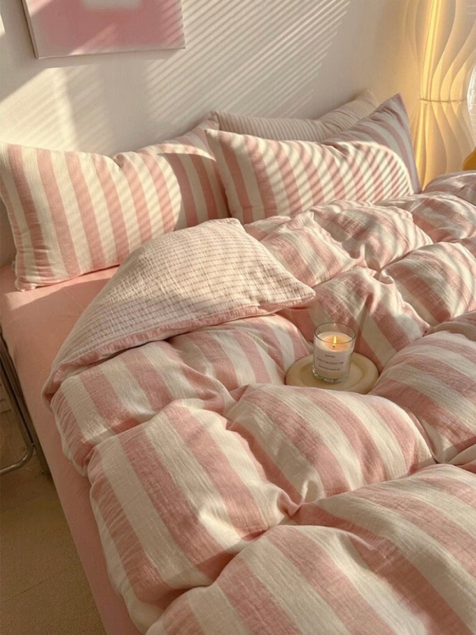 Stripe Ruffle Duvet Cover Set Pink/Green