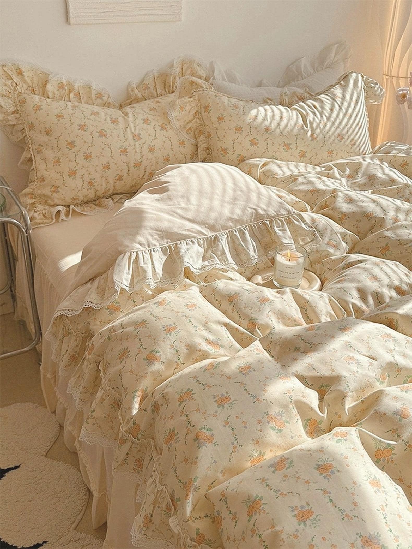 Yellow Pale Floral Coquette Cotton Duvet Cover Set, Cream Ruffle Single/Full Duvet Cover Set