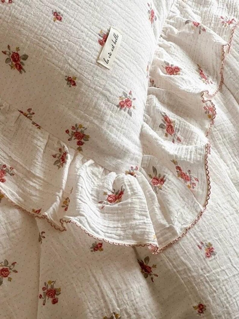 Rose Coquette Floral Duvet Cover Set, Double Gauze Soft Ruffle Cotton