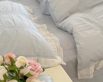 Ruffle Blue Cotton Duvet Cover Set