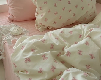 Coquette Pink Bowtie Duvet Cover 4pcs Set, Pink Cotton Princess Bedding