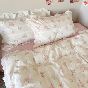 Pink Coquette Ruffle Floral Cotton Duvet Cover Set