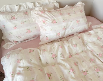 Pink Coquette Ruffle Floral Cotton Duvet Cover Set