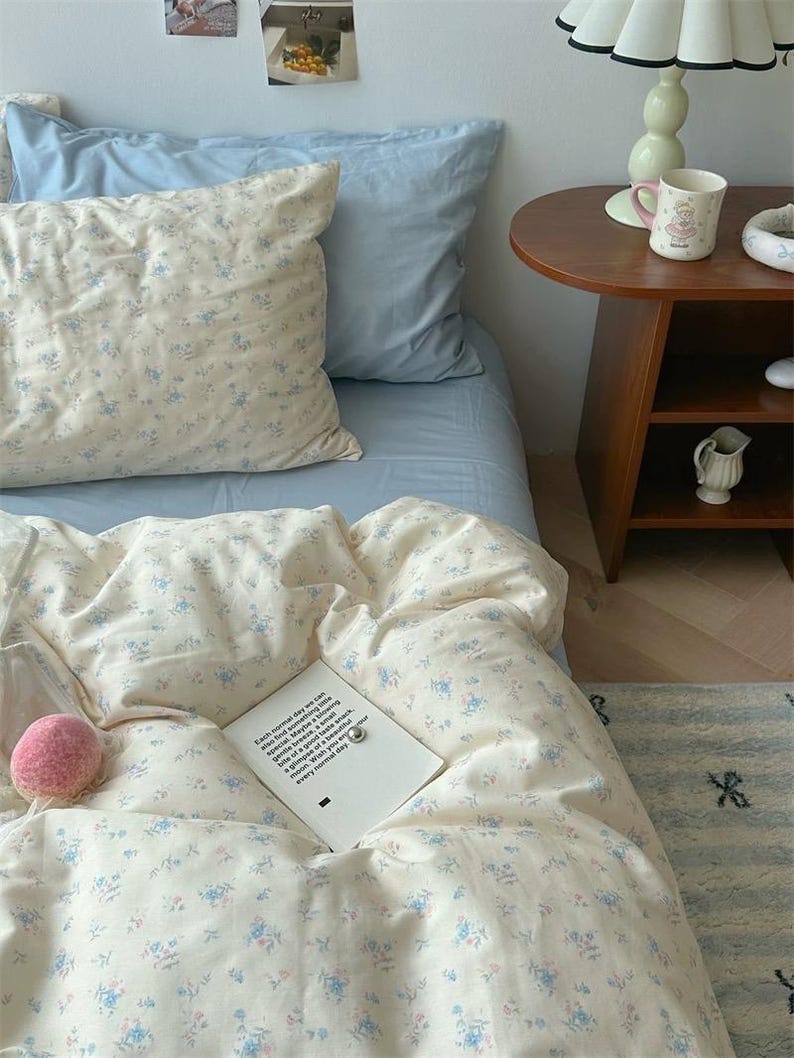 Floral Coquette Duvet Cover Set, Blue Cotton Cottagecore Full/queen