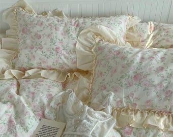 Coquette Sweet Ruffle Floral Duvet Cover Set , Soft Double Gauze Cotton Bedding Full/Queen Size