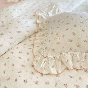 Ruffle Coquette Floral Duvet Cover Set, Pink Gauze Cotton Cottagecore Princess Bedding