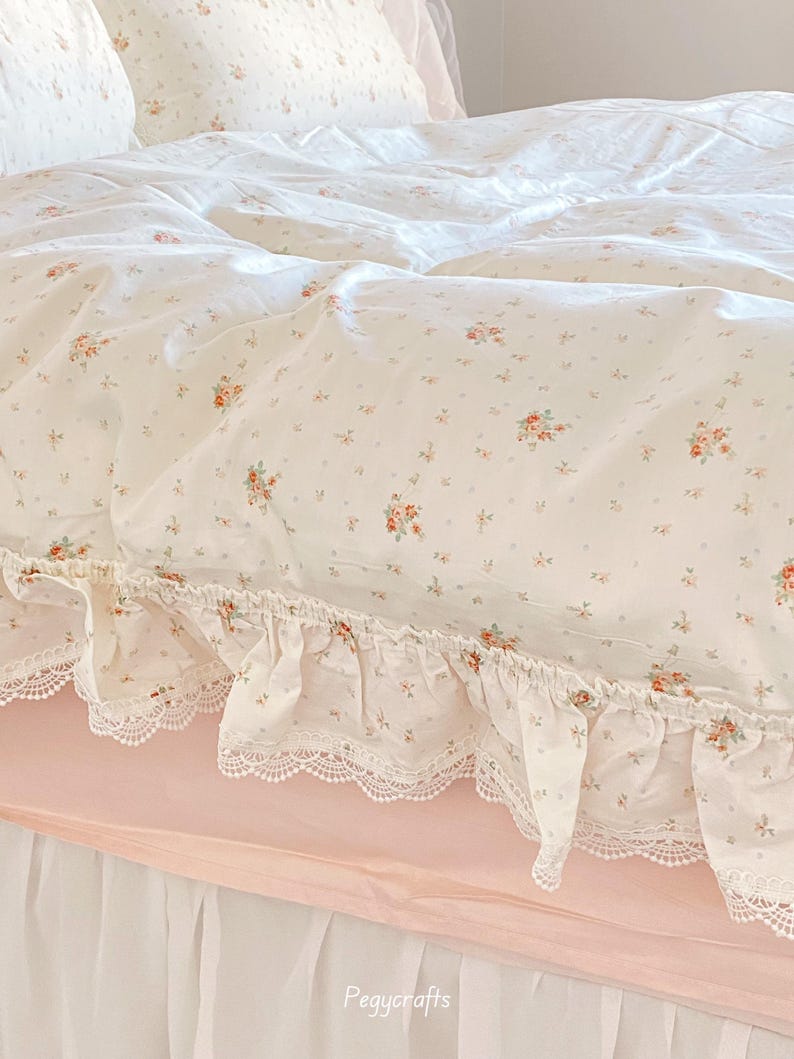 Floral Coquette Duvet Cover Set, Pink Cotton Cottagecore Princess Bedding image 7