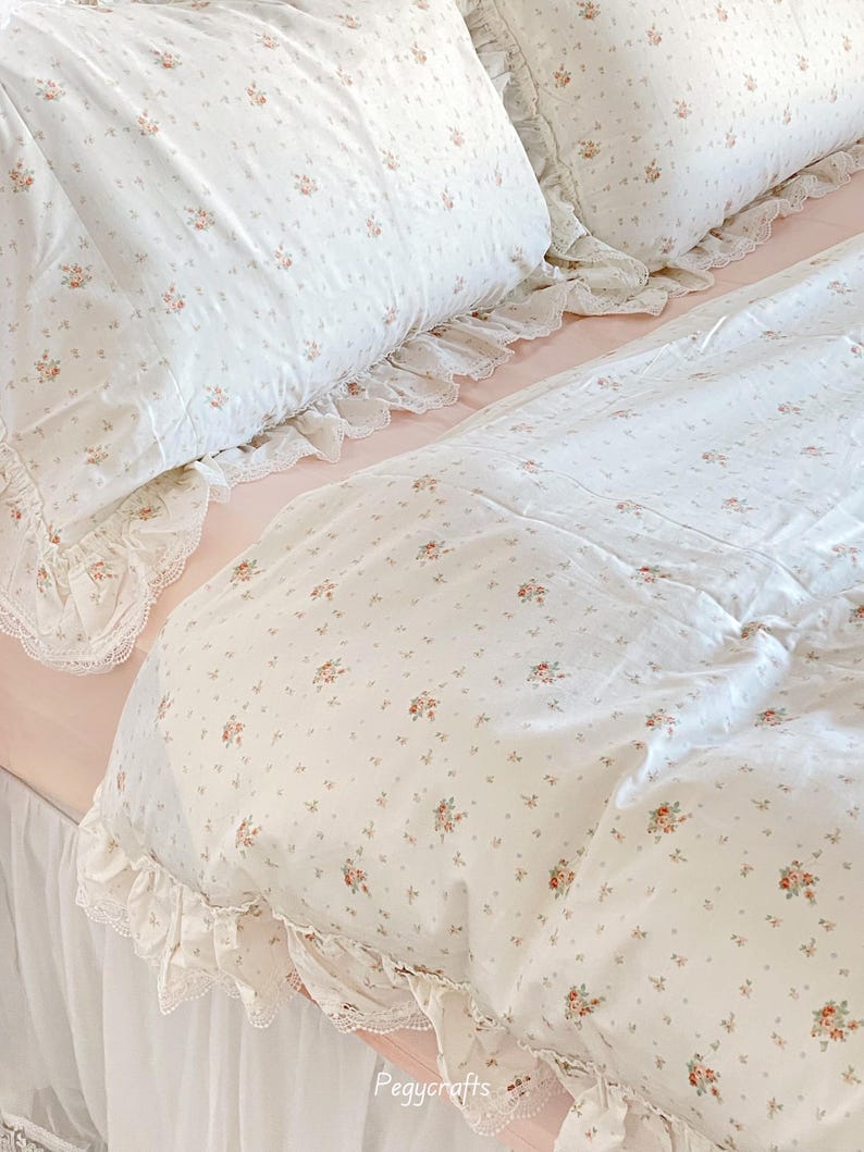 Floral Coquette Duvet Cover Set, Pink Cotton Cottagecore Princess Bedding image 6