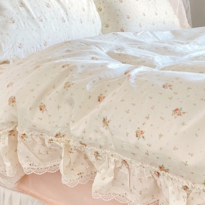 Floral Coquette Duvet Cover Set, Pink Cotton Cottagecore Princess Bedding image 2