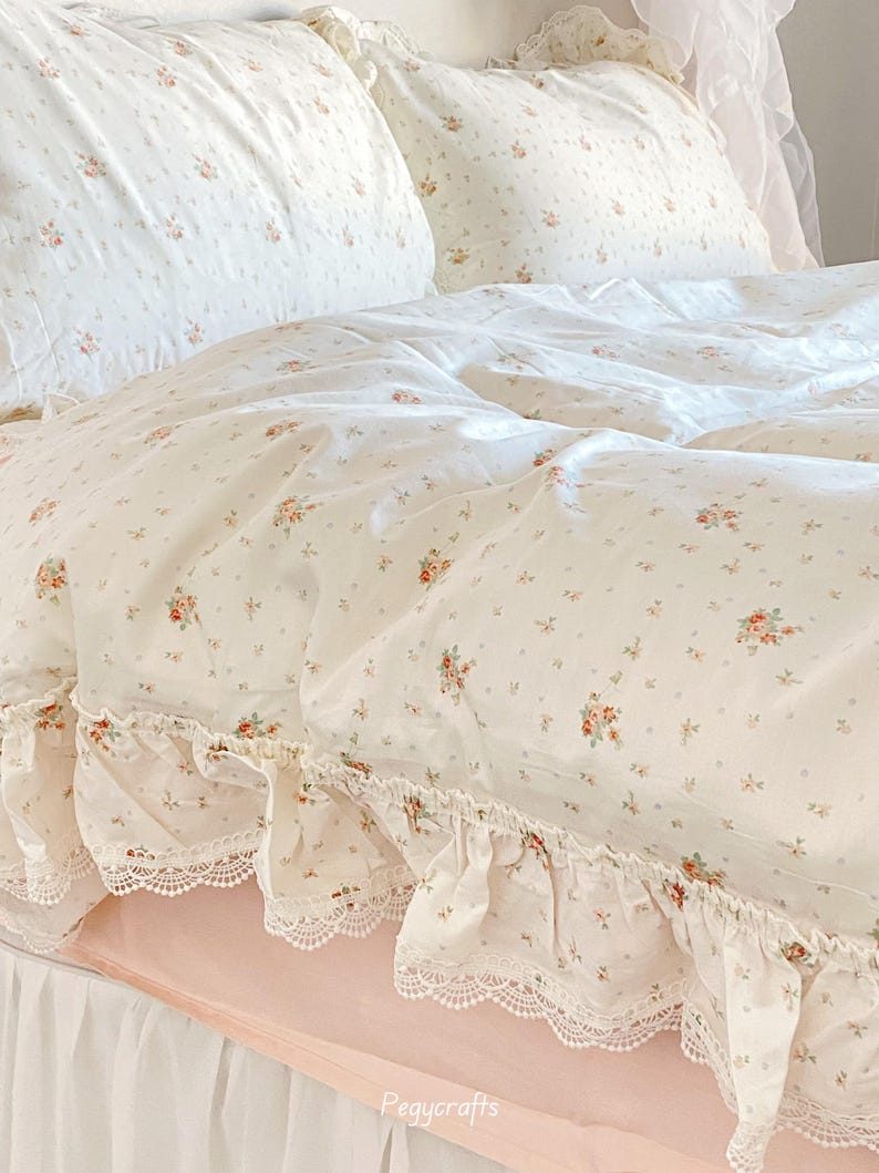 Floral Coquette Duvet Cover Set, Pink Cotton Cottagecore Princess Bedding image 2