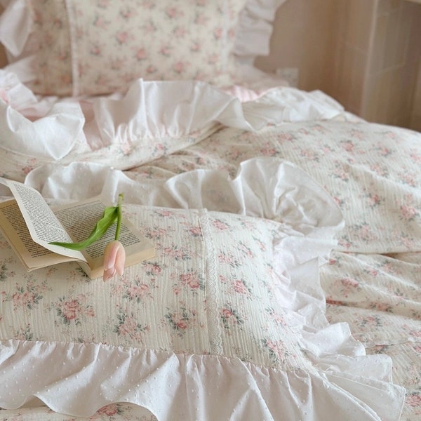 Ruffle Coquette Floral Duvet Cover 4pcs Set, Double Gauze Soft Cotton Cottagecore Country Style Princess Bedding