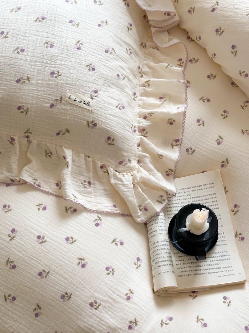 Purple Coquette Floral Duvet Cover Set, Double Gauze Soft Ruffle Cotton