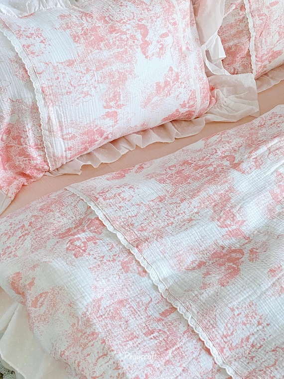 Ruffle Coquette Floral Duvet Cover 4pcs Set, Pink Lace