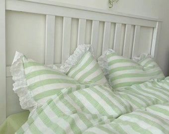 Stripe Green Duvet Cover 4pcs Set, Double Gauze Soft Cotton Full Queen Duvet Cover Set