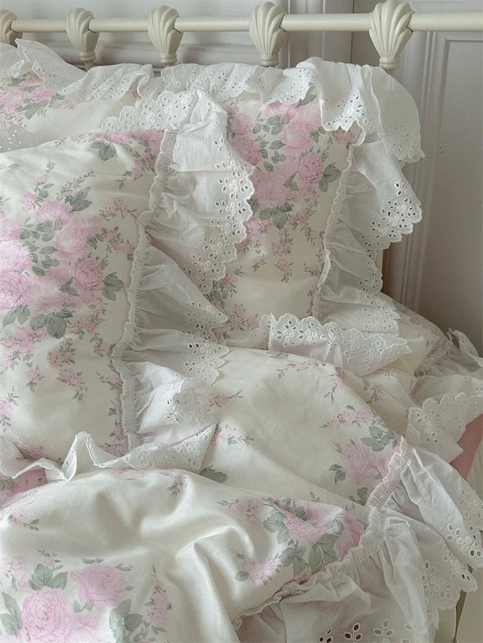 Lace Ruffle Coquette Floral Cotton Duvet Cover Set, Pink Ruffle Lace Single/Twin/Full Duvet Cover Set