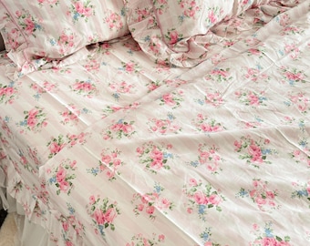 Floral Shabby Chic Frill Duvet Cover Set, Pink Cotton Coquette Princess Bedding