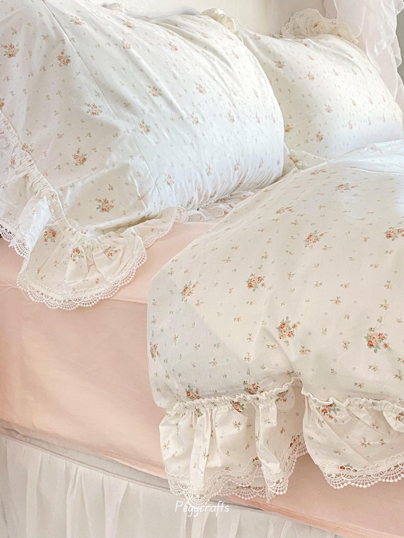 Floral Coquette Duvet Cover Set, Pink Cotton Cottagecore Princess Bedding image 5