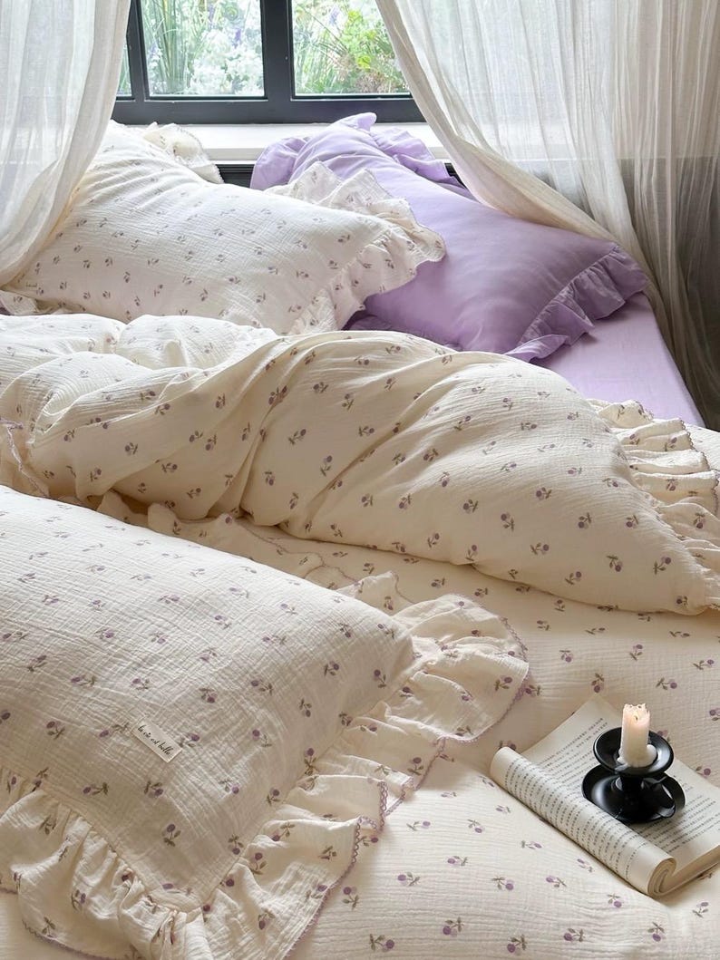 Purple Coquette Floral Duvet Cover Set, Double Gauze Soft Ruffle Cotton